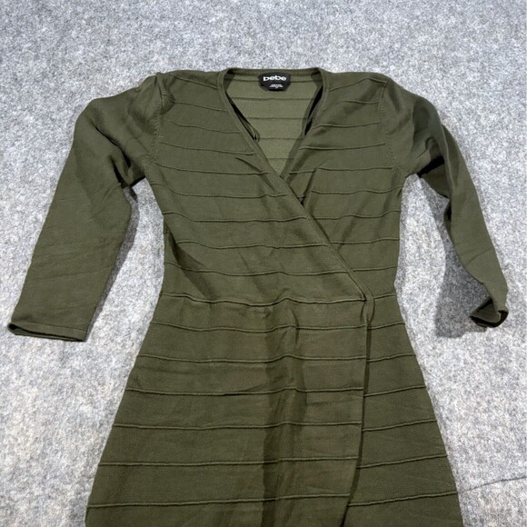 Bebe Dress Womens Green Bandage Stretch Bodycon Knit Sheath 3/4 Sleeve S Flaw - Picture 2 of 10